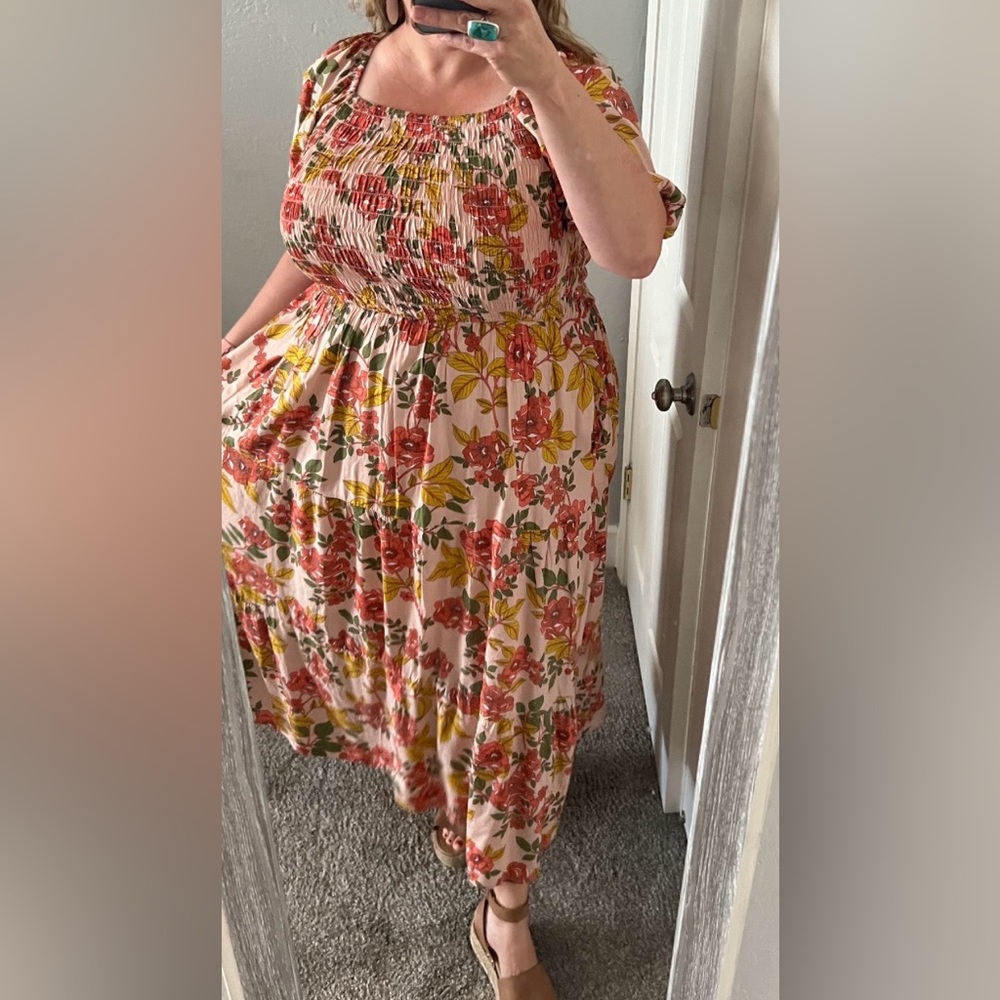 Polagram Light Pink Coral Floral Dress with Smocking 2X